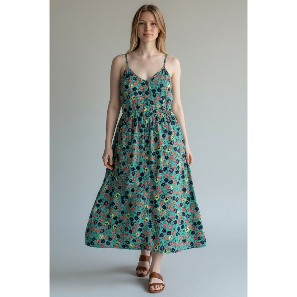 Chances R Teal Floral Button Front Smocked Back Rayon Midi Dress Womens Medium‎